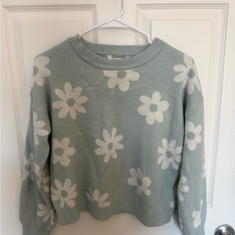No Boundaries Floral Crew Neck Sweater - Mint and White